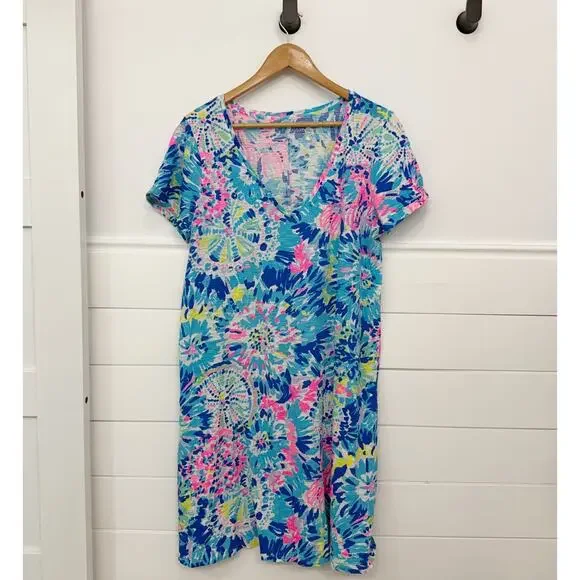 Lilly Pulitzer Jessica Colorful V Neck T Shirt Dress Short Sleeve Size XL - Picture 1 of 6